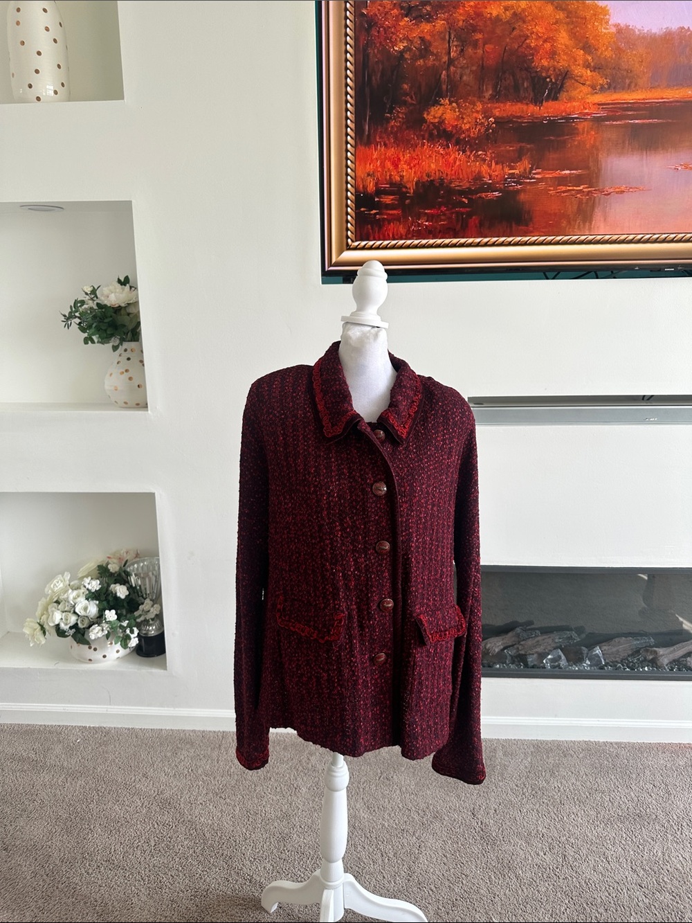 St. John Burgundy & Red Tweed Button Front Jacket